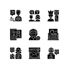 Poster - Social media bullying black glyph icons set on white space. LGBT cyberbullying. Talk to someone. Help for abuse victim. Mute troll. Silhouette symbols. Vector isolated illustration