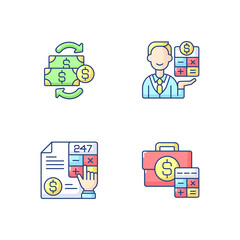 Wall Mural - Accounting RGB color icons set. Person who is recording and viewing all company financial transactions and money flow. Isolated vector illustrations