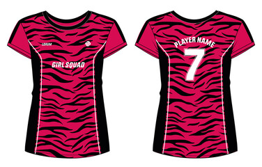 Tiger Print Women Sports t-shirt Jersey design concept Illustration Vector suitable for girls and Ladies for badminton, Soccer, netball, Football, tennis, Volleyball jersey.Animal Pattern