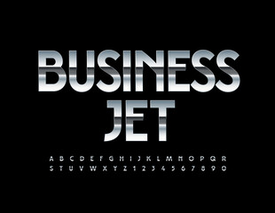 Vector metallic logo Business Jet. Glossy chrome Font. Silver shiny Alphabet Letters and Numbers set