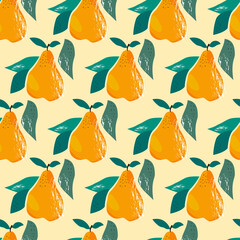 Seamless pattern doodle drawing fruits pears and leaves. Abstract illustration of modern art in pastel colors. Natural vegetarian products. Print for kitchen textiles.