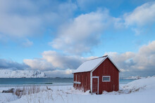 Red Boat House At Ramberg Beach, Flakstad√∏y, Lofoten Islands, Norway