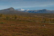 Dusting Of Autumn Snow On Distant Mountains From Kungsleden Trail, Lapland, Sweden