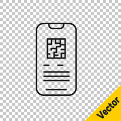 Sticker - Black line Online ticket booking and buying app interface icon isolated on transparent background. E-tickets ordering. Electronic train ticket on screen. Vector.