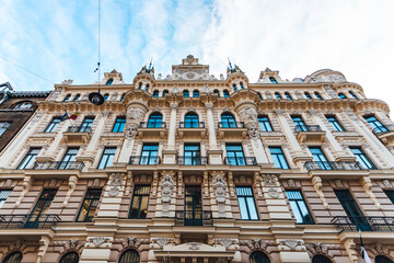 Wall Mural - Low angle shot of Art Nouveau architecture building facade in Riga, Latvia