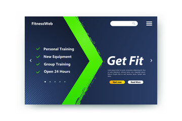 Sports web page. Fitness industry website vector template. Graphic template green, web page.