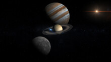 Rare Conjunction Between Mercury, Jupiter And Saturn , 3d Illustration
