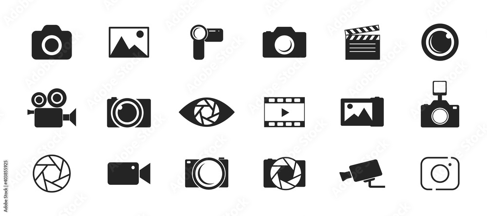 Photo and video icon set. Icons of photography, image, photo gallery, video camera and photo camera. Diaphragm icon. image, photo gallery Vector illustration. - obrazy, fototapety, plakaty 