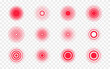 Pain red circles. Pain localization sign and pain pointings. Red rings. Sonar waves. Set of radar icons. Symbols for medical design. Vector illustration.