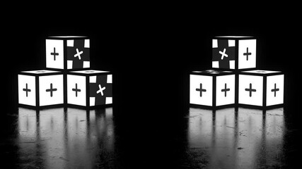 Fototapete - 3d render of stacked cubes with animation on its sides. Cross animation illumination. Reflective floor with texture.