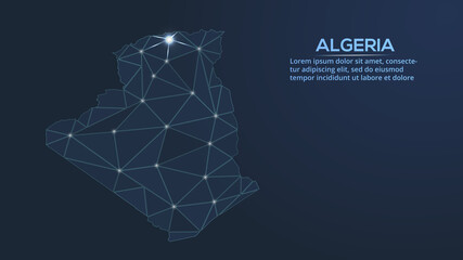 Poster - Algeria communication network map. Vector low poly image of a global map with lights in the form of cities. Map in the form of a constellation, mute and stars