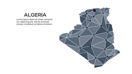 Poster - Algeria communication network map. Vector image of a low poly global map with city lights. Map in the form of triangles and dots