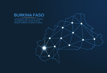 Poster - Burkina Faso communication network map. Vector low poly image of a global map with lights in the form of cities. Map in the form of a constellation, mute and stars.