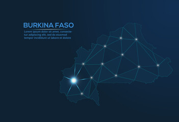 Poster - Burkina Faso communication network map. Vector low poly image of a global map with lights in the form of cities. Map in the form of a constellation, mute and stars.
