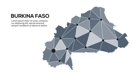 Poster - Burkina Faso communication network map. Vector image of a low poly global map with city lights. Map in the form of triangles and dots