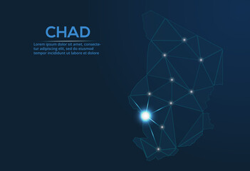 Poster - Chad communication network map. Vector low poly image of a global map with lights in the form of cities. Map in the form of a constellation, mute and stars.