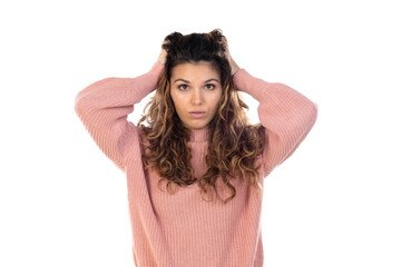 Poster - Beautiful middle aged woman with pink woolen sweater