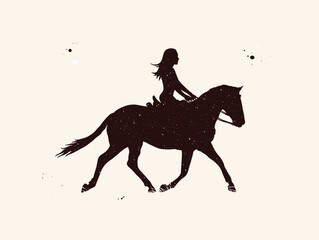 Sticker - Girl on horse. Female rider abstract silhouette. Night starry sky