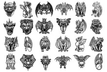 Set Of Mythological Ancient Creatures Animals With Bat Like Wings And Horns. Mythical Gargoyle With Sharp Fangs Teeth And Nails Or Claws In Seating Position. Engraved Hand Drawn Sketch. Vector.