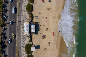 Kiosk at Praia da Barra da Tijuca, Recreio and Grumari in Rio de Janeiro, Brazil. Aerial View from Drone; Amazon rainforest in Rio