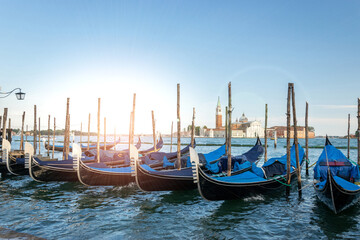  Grand canal with gondolas in travel Europe Venice city, Italy. Old italian architecture with landmark bridge, romantic boat. Venezia.
