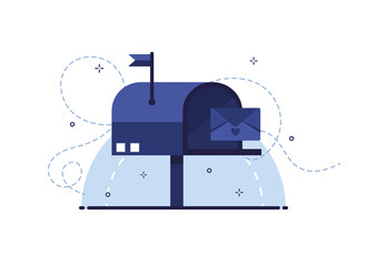 Poster - mailbox with letter in an envelope. receiving and sending letters. mail delivery. blue post. flat de