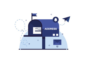 Poster - mailbox with letter in an envelope. receiving and sending letters. mail delivery. blue post. paper a