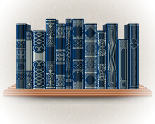 Collection Of Blue Books On A Bookshelf On A Background Of Light Wallpaper. Ornate Book Spines With Space For Text.