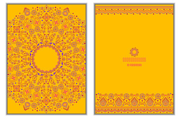 Wall Mural - Set of invitation cards with floral mandala background in bright amber color. 