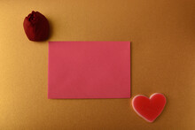 Envelope, Red Rosebud And Heart. Symbol Of Love And Romance