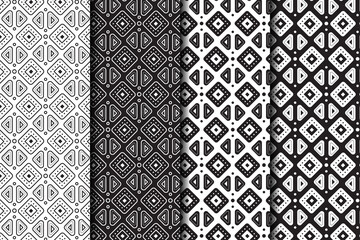 Poster - Set of Tiled seamless geometric pattern of dotted petals, circle, square and triangle shape. Arabic motif. Abstract black and white mosaic background. Vector illustration with outline and bold shape.