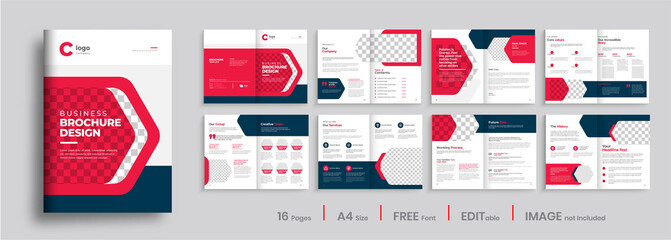 Brochure template layout design, multipage company profile design, minimal brochure design with red color shapes.