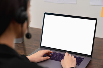 Aufkleber - Business women hand using laptop and type on the keyboard. Mockup screen of advertisement.