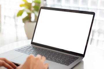 computer screen blank mockup.hand woman work using laptop with white background for advertising,contact business search information on desk at coffee shop.marketing and creative design