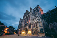 York Minster Iconic Gothic Style Medieval Cathedral In The Heart Of The Town At Night