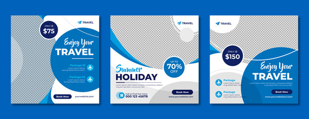 Wall Mural - travel company social media banner template in blue color. travelling business offer promotion post 