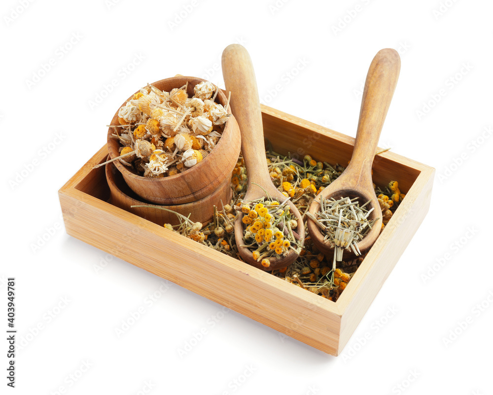 Wooden box with different herbs on white background