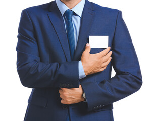 Elegant man in suit with blank badge on white background