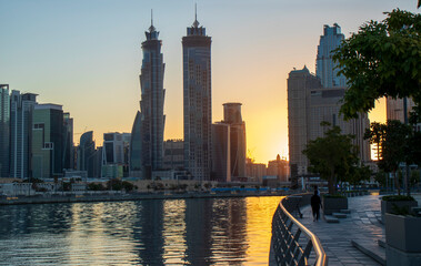 Wall Mural - Dubai, UAE - 01.08.2021 View of the Dubai city skyline at Dubai Water Canal. Business Bay district. Outdoors