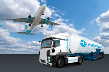 Airplane and truck with hydrogen tank trailer. New energy sources