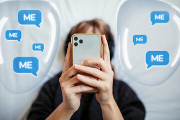 Social addicted woman texting with speech bubbles graphic