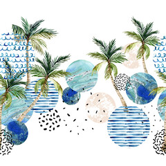 Wall Mural - Modern art of geometric shapes, natural elements. Hand drawn illustration: planet, sea, sunset, palm trees