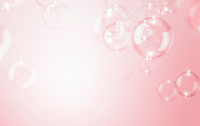 Blur Transparent Soap Bubbles Float On Pink Background. Beautiful Pink Valentine' Day Concept.