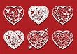 Hearts, Birds on red background for laser cutting. Set of white ornamental hearts