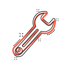 Wrench icon in comic style. Spanner key cartoon vector illustration on white isolated background. Repair equipment splash effect business concept.