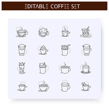 Coffe Drinks Types Line Icons Set. Americano, Frappe, Latte And More. Coffeemania. Coffeehouse Menu. Different Caffeine Drinks Receipts Concept. Isolated Vector Illustration. Editable Stroke 