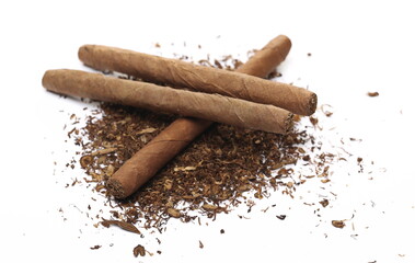 Luxury handmade cigars and tobacco isolated on white background