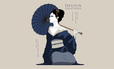 Young girl in oriental style. Vector illustration, solid colors, vintage style.