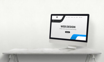 Poster - Web design studio desk with computer display and promo web page on it. Development team promotion concept