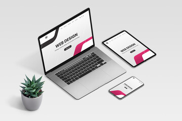 Wall Mural - Web design studio promo page on laptop, tablet and phone display concept. Isometric view of desk with plant decoration